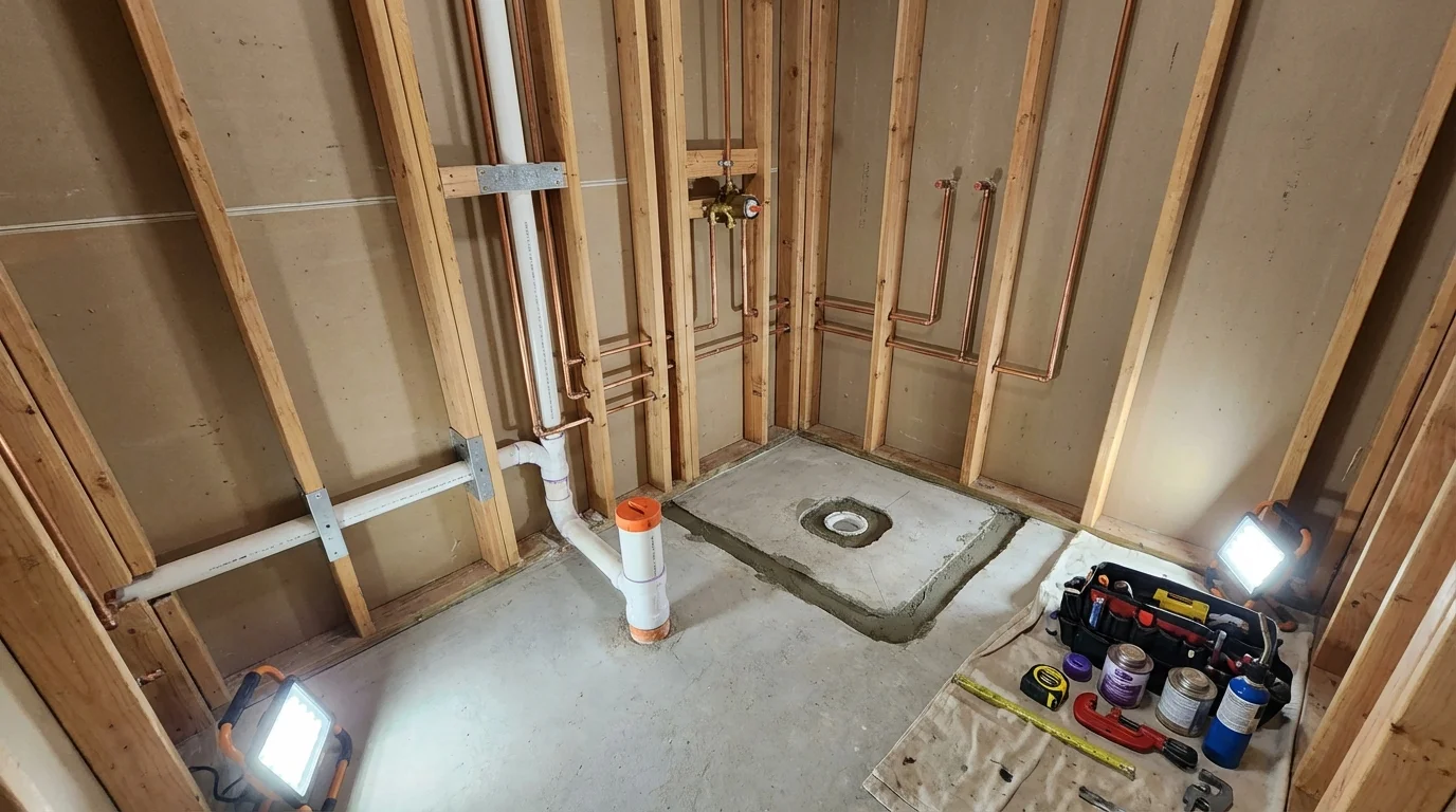 Bathroom rough-in plumbing during remodel by Johns Plumbing LLC in Cuero
