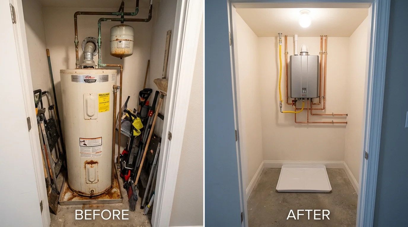 Tank water heater versus wall-mounted tankless unit comparison for Cuero, TX homeowners