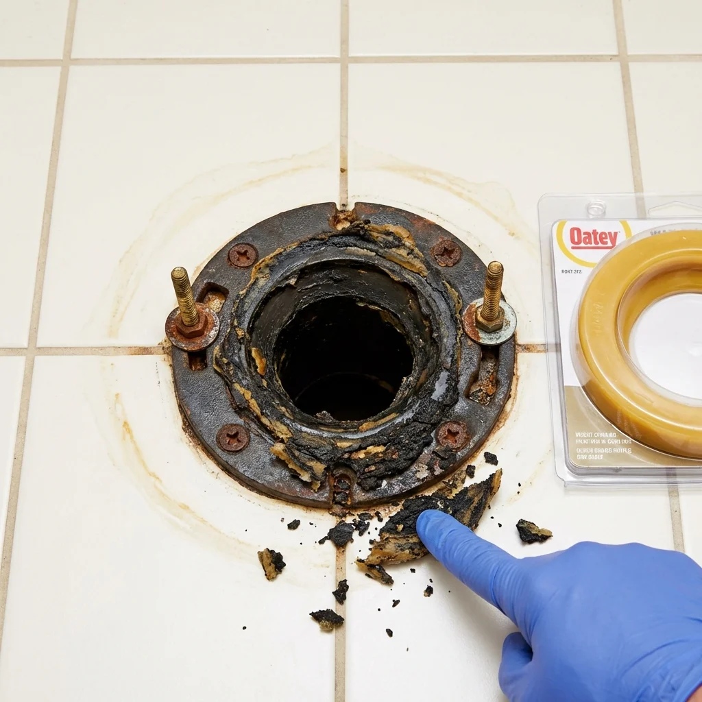 Failed wax ring showing water seepage at the base of a toilet in a Cuero, TX home