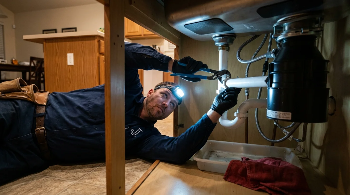 P-trap and supply line connections under a kitchen sink showing a common leak point in Cuero, TX